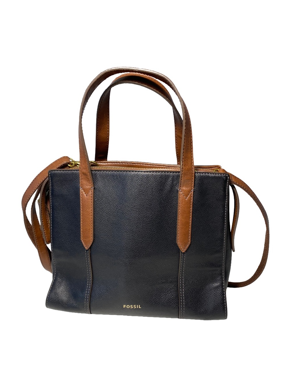 Fossil | Sara Satchel Black Cow Hide Leather with Brown Trim and Handles